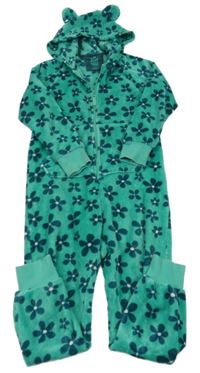 Zelená plyšová kombinéza s květy a kapucí s oušky WE