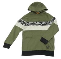 Kaki-army-svetlošedá -čierna mikina s vreckom so znakom a kapucňou F&F