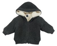 Tmavošedý melírovaný žebrovaný pletený propínací zateplený svetr s kapucí KIABI