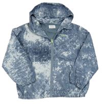 Modrošedo-bílá batikovaná šusťáková jarní bunda s nápisy a kapucí ZARA