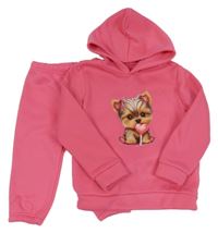 2Set - Tmavorůžová teplá mikina s pejskem a kapsou a kapucí + tepláky 