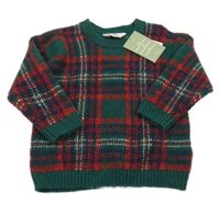 Nové - smaragdovo-červeno-bielo-tmavomodrý kockovaný vlnený sveter H&M