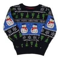 Tmavomodro-modrý sveter so sněhuláky a vánočními stromčekmi  PRIMARK