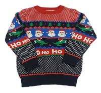 Tmavomodro-červeno-modrý vzorovaný sveter so Santy a dinosaurami F&F