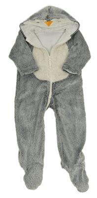 Šedo-bílá chlupatá podšitá kombinéza s kapucí - tučňák Nutmeg
