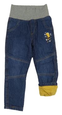 Modré podšité rifle s dinsoaurem a úpletovým pasem