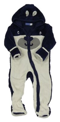 Smetanovo-tmavomodrá chlpatá podšitá kombinéza s medvěďom a kapucňou Lupilu