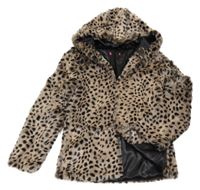 Hnedo-čierna kožušinová podšitá bunda s leopardím vzorom a kapucňou Yd.