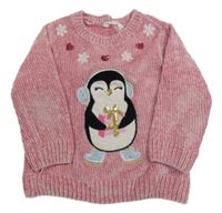 Ružový žinylkový sveter s tučňákem Primark