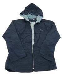 Tmavomodrá šušťáková jarná bunda s nápisom a kapucňou