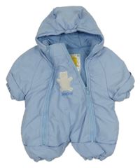 Modrá šušťáková zateplená kombinéza s medvěďom a kapucňou