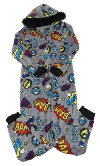 Šedo-barevná chlupatá kombinéza s nápisy a kapucí 