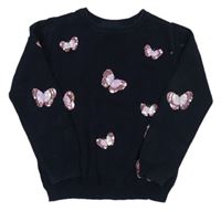 Tmavomodrý sveter s motýly z flitrů Primark