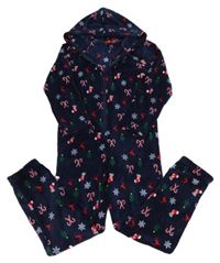 Tmavomodrá plyšová kombinéza s vánočními obrázky a kapucí 