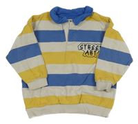 Smetanovo-modro-žltá pruhovaná mikina s nápisom
