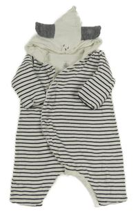 Bílo-tmavomodrá pruhovaná zateplená kombinéza s kapucí s čumákem 