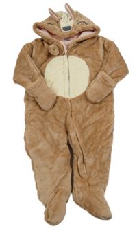 Hnědo-smetanová plyšová zateplená kombinéza s kapucí s čumákem