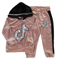 2set - Růžovo-černá sametová mikina s kapucí + tepláky - Tiktok