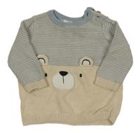 Béžovo-svetlomodrý pruhovaný sveter s medvedíkom F&F