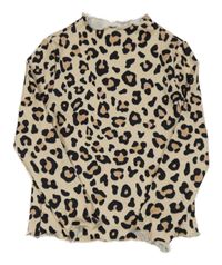 Béžovo-černé žebrované triko s leopardím vzorem Shein