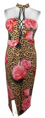 Dámske béžovo-čierno-ružové vzorované púzdrové šaty s kvetmi a šnurovaním