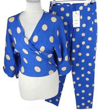 Nové - Dámská modro-béžová puntíkovaná zavinovací crop halenka + lněné chino kalhoty 