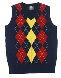 Tmavomodro-červeno-žltá károvaná svetrová vesta H&M
