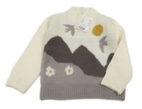 Nové - Smeatnovo-hnědo-fialový svetr s ptáčky H&M