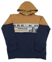 Hnědo-šedo-tmavomodrá mikina s potiskem a kapucí Y.F.K.