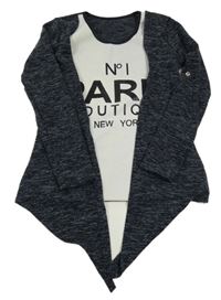 Čierno-sivý melírovaný cardigan s všitým topem a nápisom