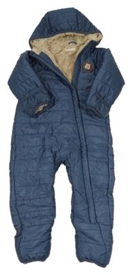 Tmavomodrošedá šušťáková prešívaná zimná kombinéza s medvěďom a kapucňou