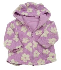 Lila-biela kvetovaná huňatá podšitá bunda s kapucňou s uškami St. Bernard