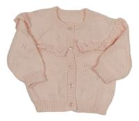 Světlerůžový perforovaný propínací svetr s volánky s madeirou Matalan