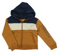 Tmavomodro-smetanovo-medová propínací mikina s logem a kapucí DKNY