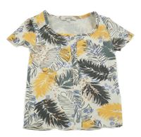 Bielo-žlto-tmavosivé rebrované crop tričko s listami Garcia