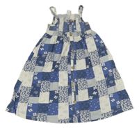 Modro-biele kockované bavlnené šaty s kvietkami Topolino