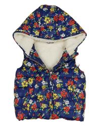 Tmavomodrá šusťáková prošívaná zateplená vesta s kytičkami a kapucí Mothercare