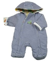 Tmavomodro-bílá pruhovaná tepláková zateplená kombinéza s traktorem a kapucí Mini Cuddles