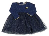 Tmavomodro-zlaté bavlněné šaty s tylovou sukní 