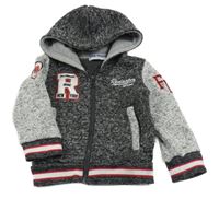 Šedo-tmavošedá melírovaná pletená propínací mikina s nápisy a kapucí 