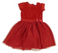 Červené plyšovo/tylové šaty s mašlou Dopodopo