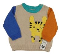 Nové - Béžovo-modro-oranžový svetr s tygrem Dunnes