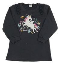 Tmavosivá mikinová tunika s jednorožcom a volánikmi Kiki&Koko