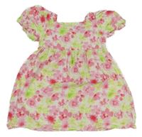 Bielo-ružovo-limetkové kvietkovane plátenné šaty Primark