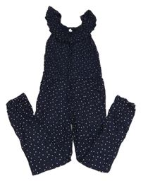 Tmavomodrý srdiečkovaný nohavicový letný overal s volánikom Yigga