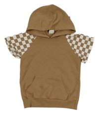 Béžovo-kockovaná tepláková vesta s kapucňou