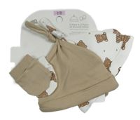 Nové - 4set - Béžová čepice +bílá čepice s medvídk + 2x rukavice Primark