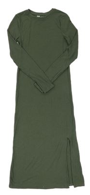Khaki žebrované dlouhé šaty s rozparkem H&M