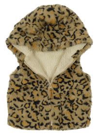 Béžovo-černá vzorovaná kožešinová zateplená vesta s kapucí Next