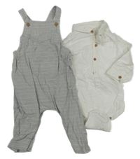 2set - Sivo-biele pruhované plátenné na traké kalhoty + biele košeľové body Next